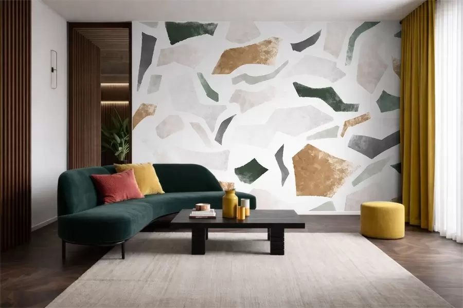 Papier peint Fragments texturés abstraits dans des tons verts et beiges w05146