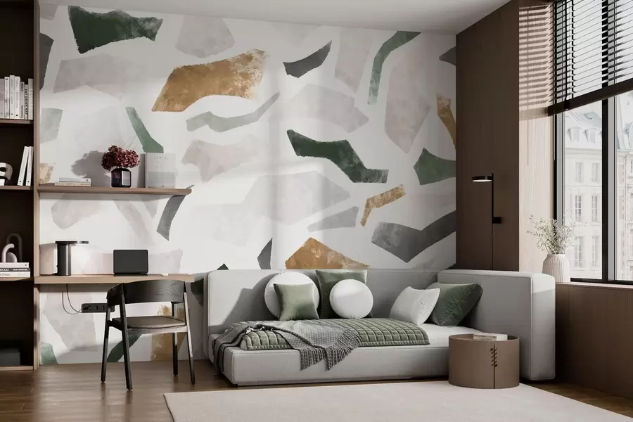 Papier peint Fragments texturés abstraits dans des tons verts et beiges w05146