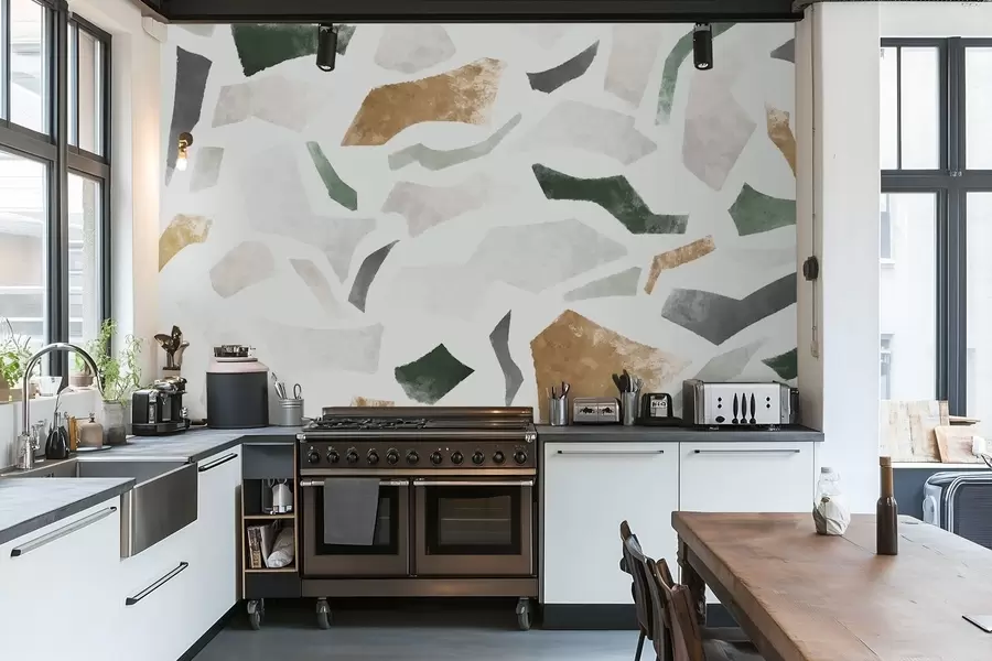 Papier peint Fragments texturés abstraits dans des tons verts et beiges w05146