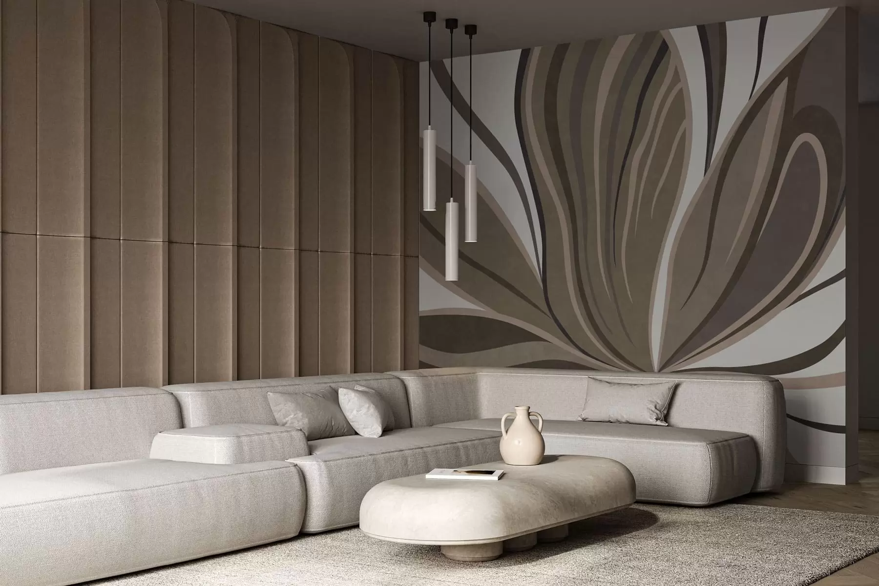 Papier peint Fleur stylisée aux lignes fluides dans des tons bruns w05147