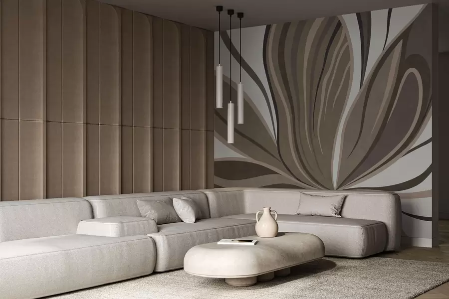 Papier peint Fleur stylisée aux lignes fluides dans des tons bruns w05147