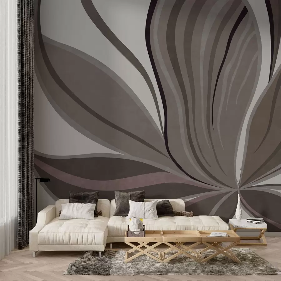 Papier peint Fleur abstraite aux lignes douces, dans des tons gris-beige w05147v1