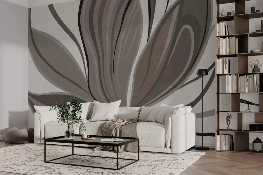 Papier peint Fleur abstraite aux lignes douces, dans des tons gris-beige w05147v1