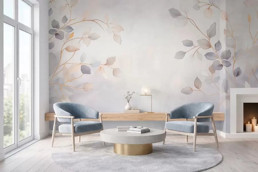 Papier peint Des branches feuillues délicates sur un fond flou et doux w05296