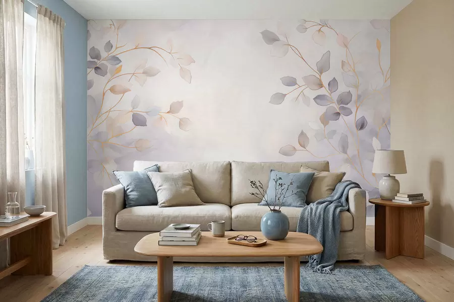 Papier peint Des branches feuillues délicates sur un fond flou et doux w05296