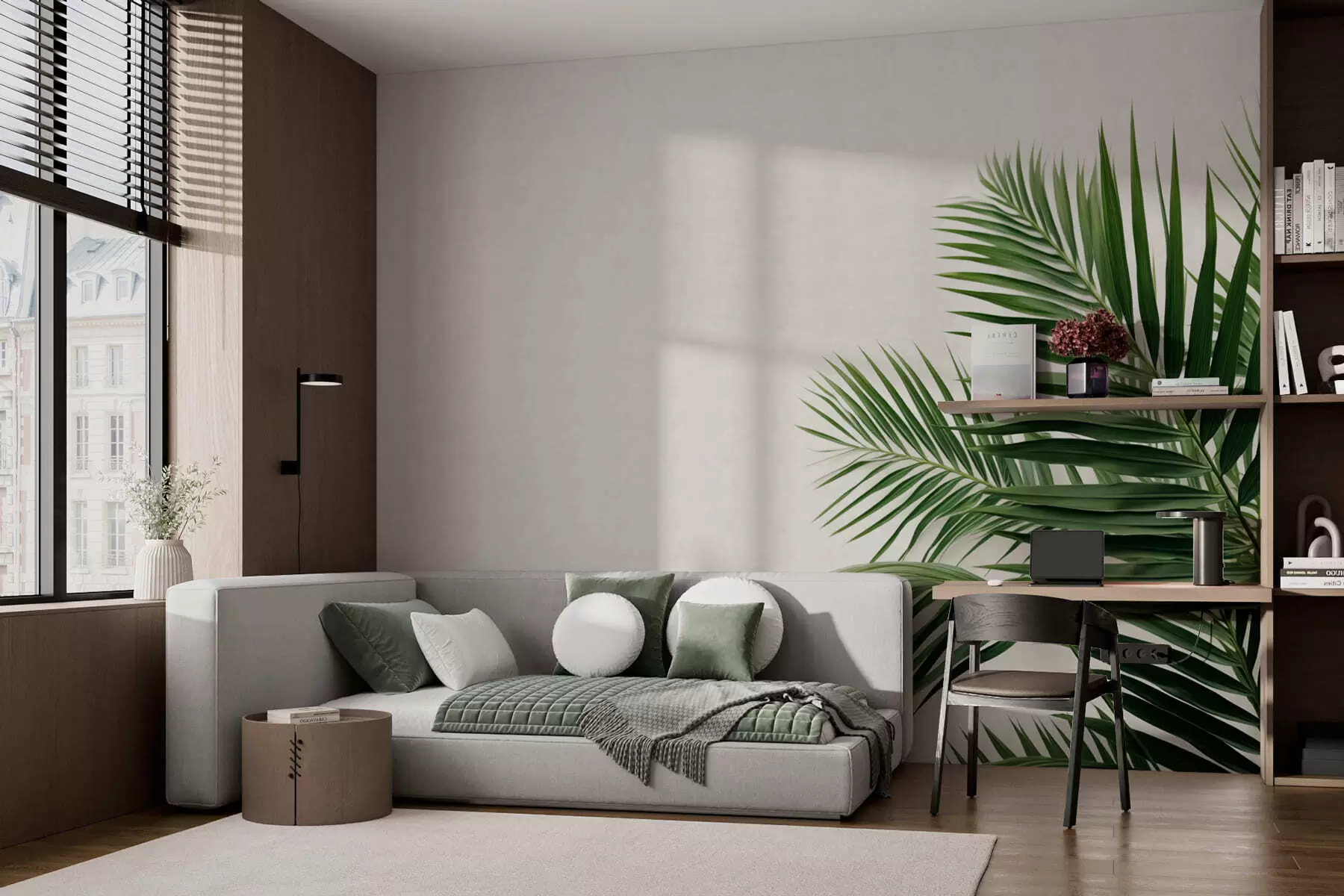 Papier peint Des feuilles de palmier vertes sur un fond clair w05391