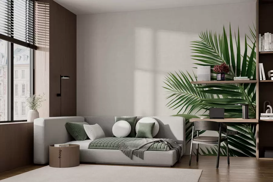 Papier peint Des feuilles de palmier vertes sur un fond clair w05391