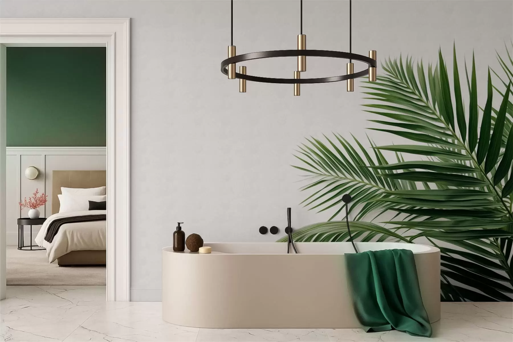 Papier peint Des feuilles de palmier vertes sur un fond clair w05391