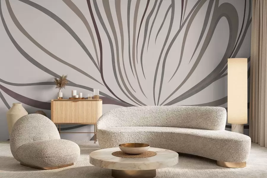 Papier peint Fleur abstraite avec des lignes dans des tons gris et roses w05392