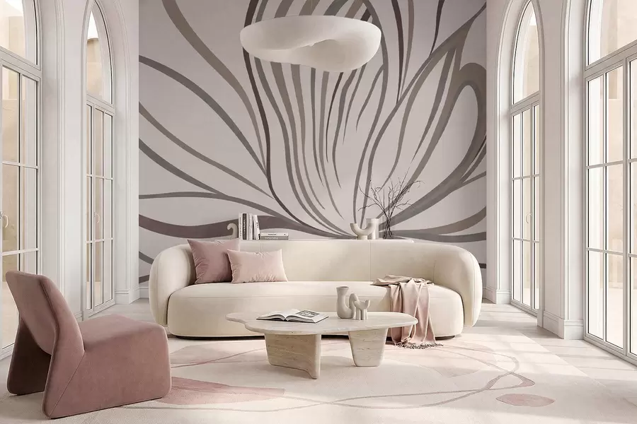 Papier peint Fleur abstraite avec des lignes dans des tons gris et roses w05392
