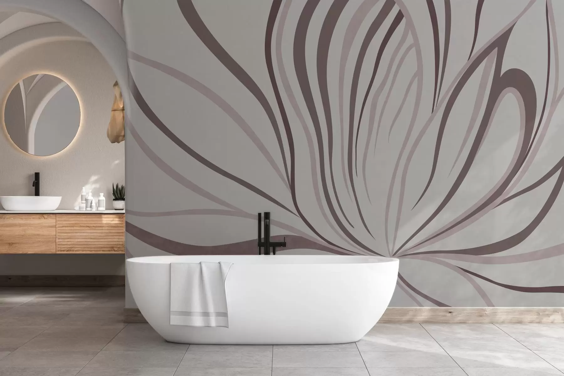 Papier peint Fleur stylisée aux lignes douces, dans des tons rose-beige w05392v1