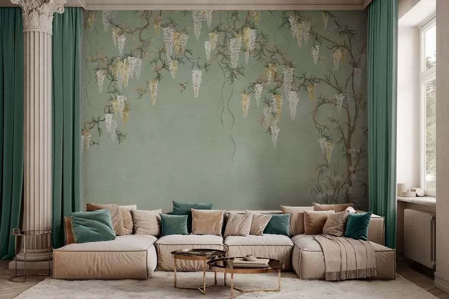 Papier peint Des branches fleuries avec des fleurs blanches et des oiseaux sur fond vert w05394