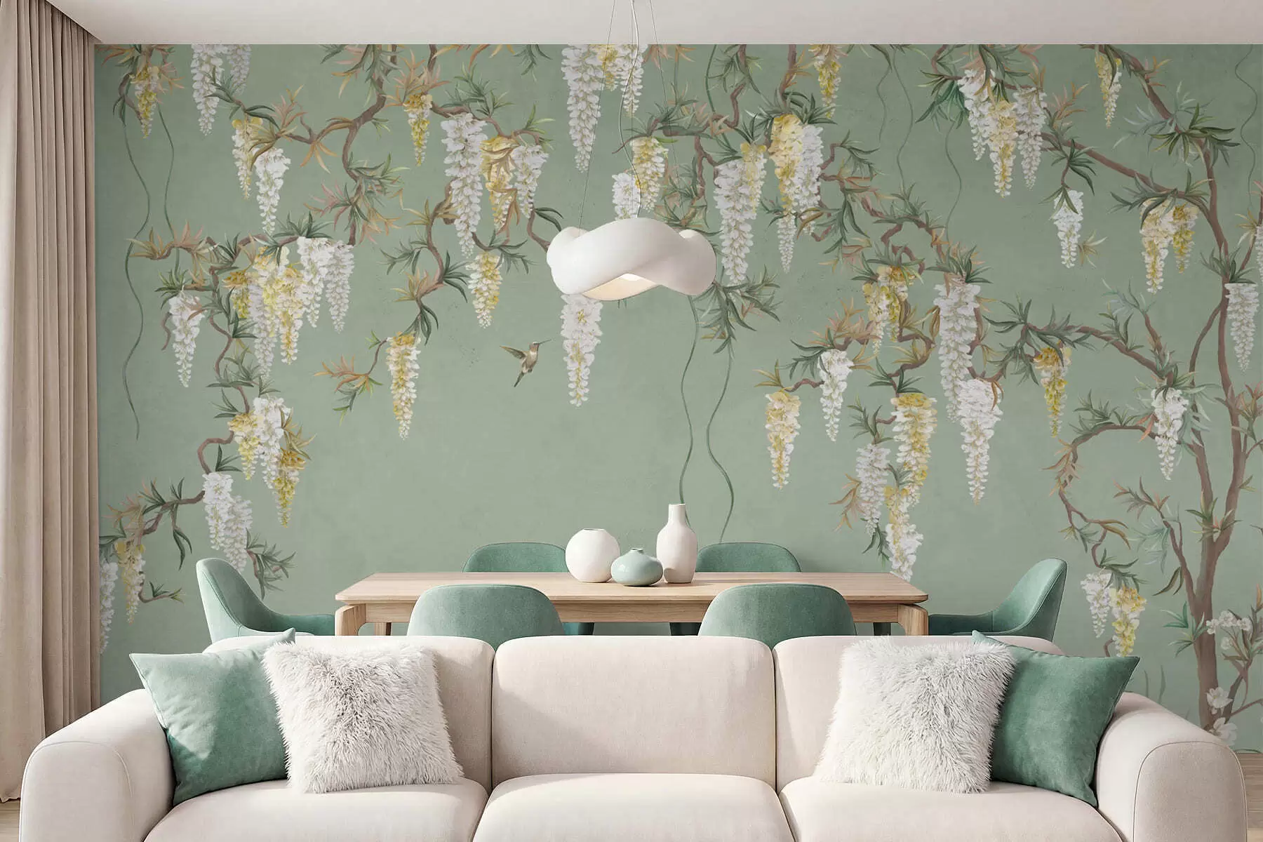 Papier peint Des branches fleuries avec des fleurs blanches et des oiseaux sur fond vert w05394