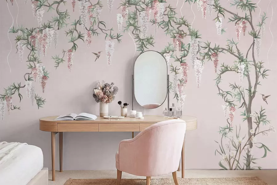 Papier peint Des branches en fleurs ornées de boutons roses et d'oiseaux w05394v1