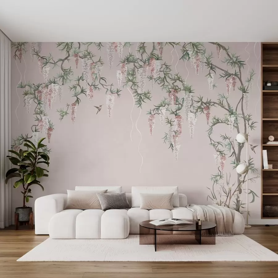 Papier peint Des branches en fleurs ornées de boutons roses et d'oiseaux w05394v1
