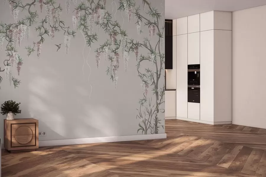 Papier peint Des branches en fleurs ornées de boutons roses et d'oiseaux w05394v1