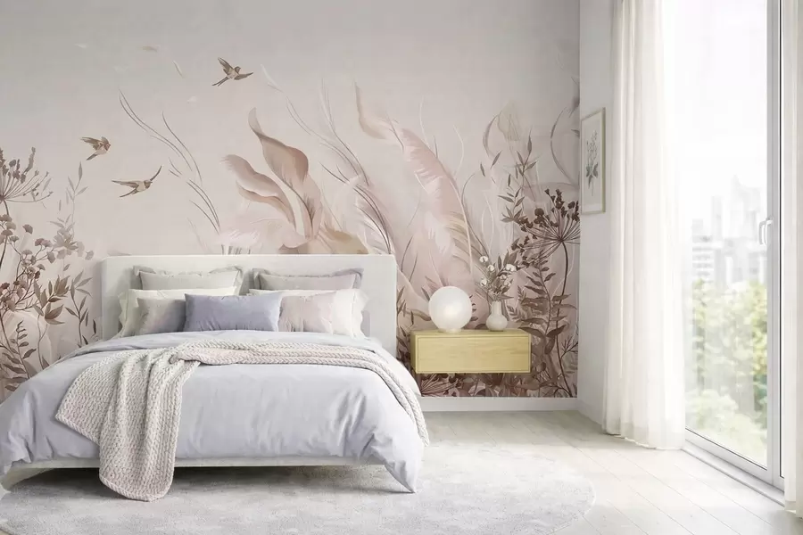 Papier peint Des plumes douces, des herbes et des oiseaux dans des tons clairs w05395