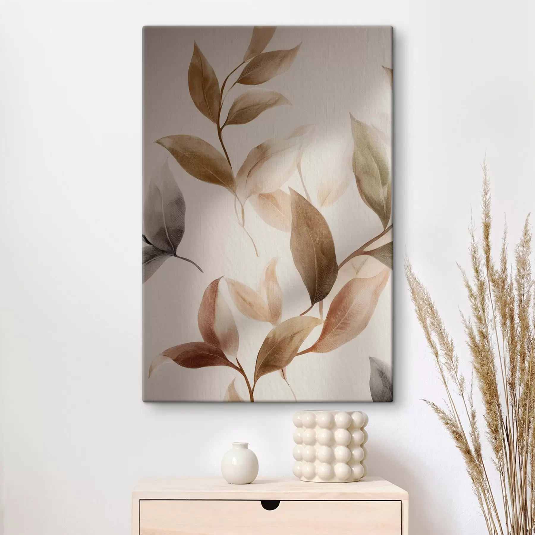 Tableau Peinture à base de feuilles, branches beiges, minimalisme, style scandinave s48479