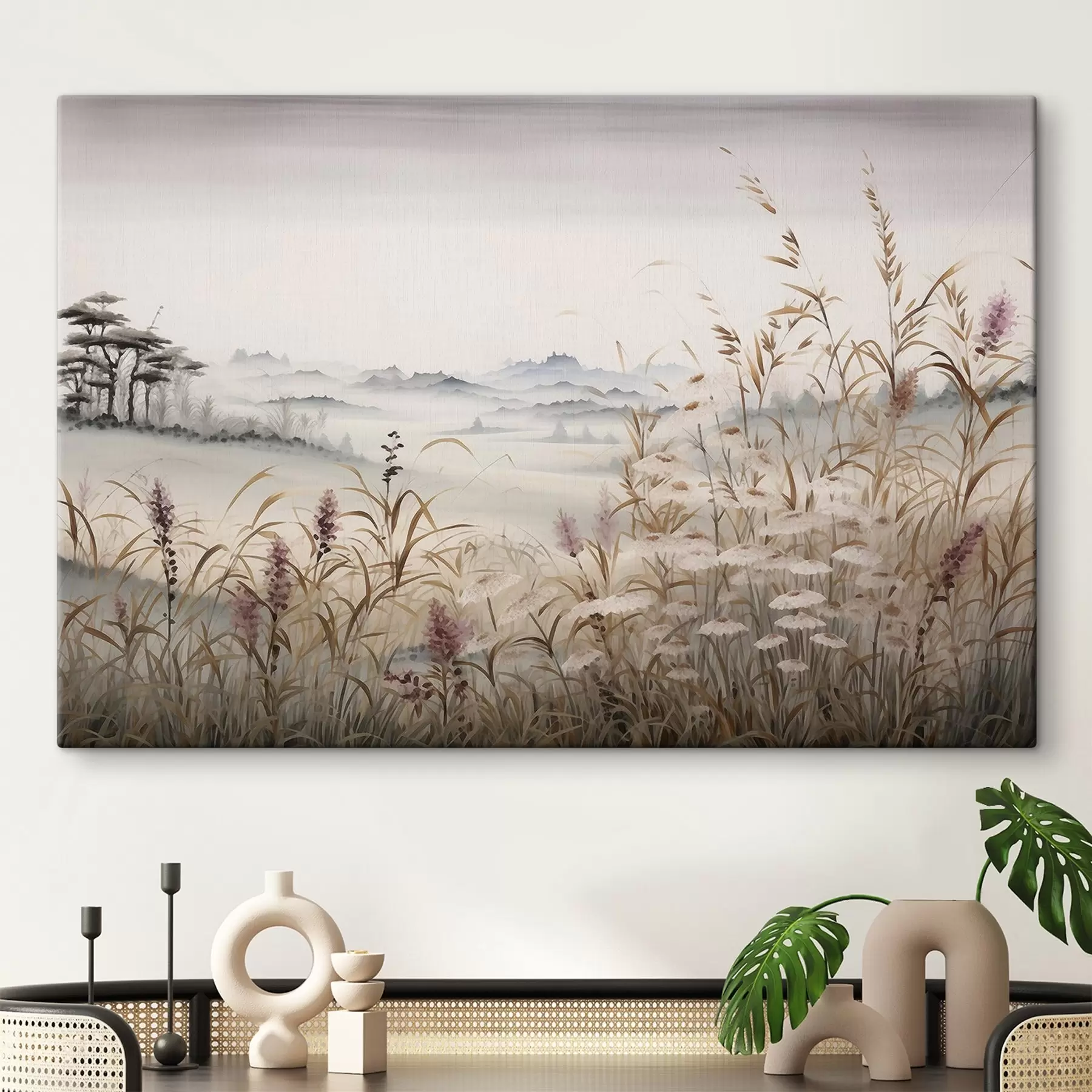 Tableau Paysage brumeux avec des herbes s48481