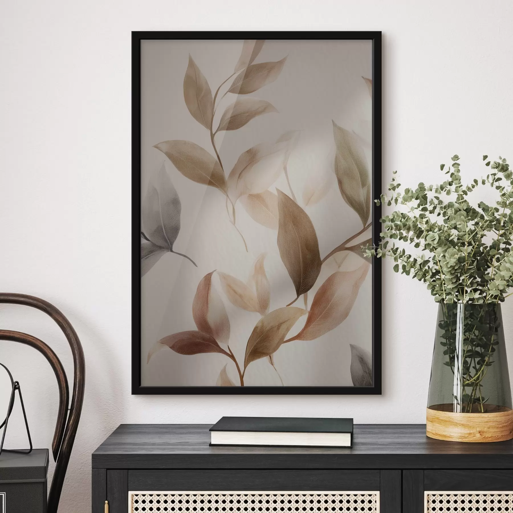 Papier peint Peinture à base de feuilles, branches beiges, minimalisme, style scandinave f48479