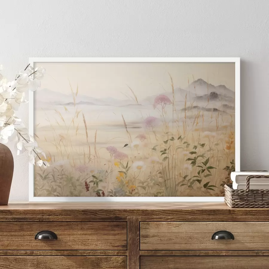 Papier peint Champ de fleurs beiges, herbes des prés, paysage délicat f48480