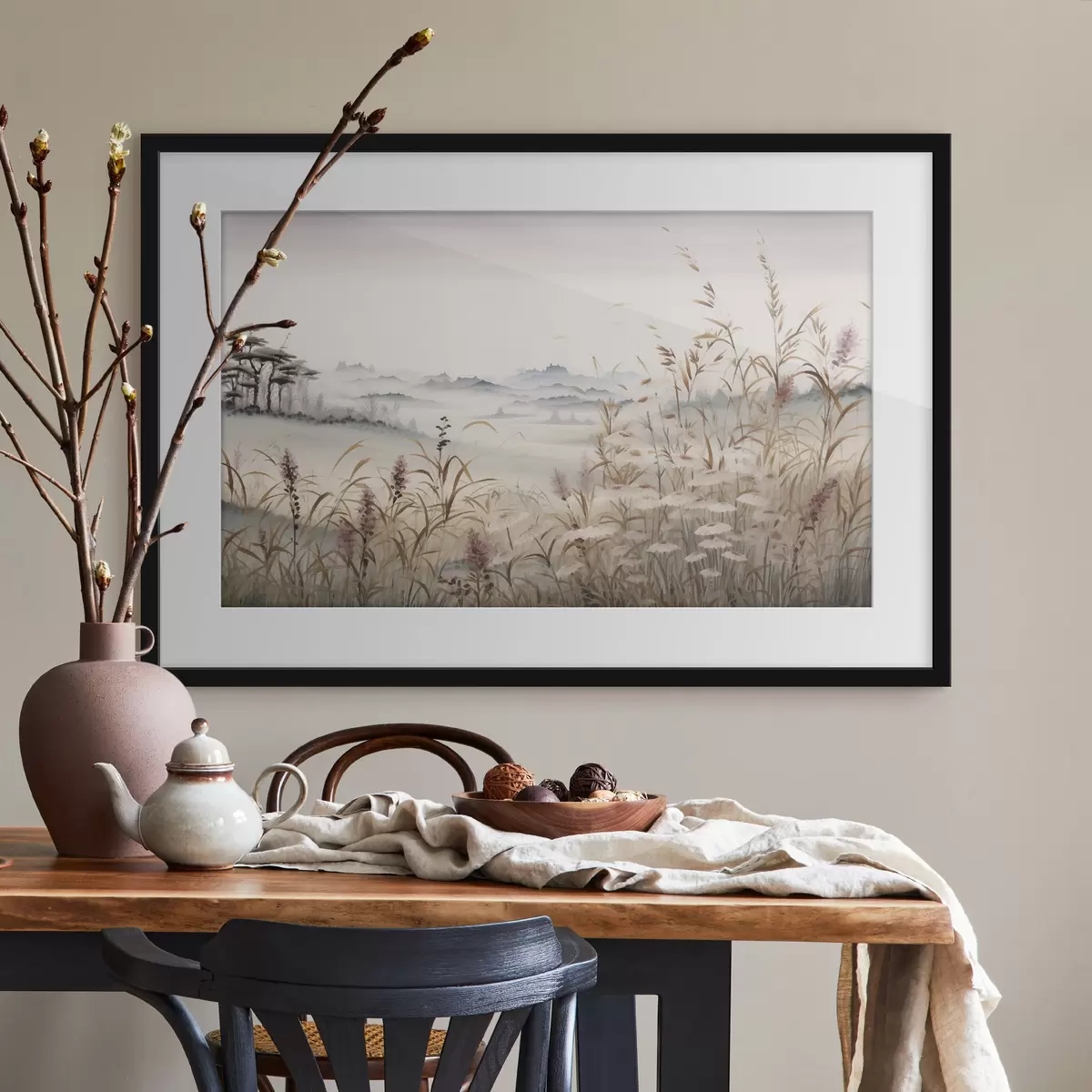 Poster Paysage brumeux avec des herbes f48481