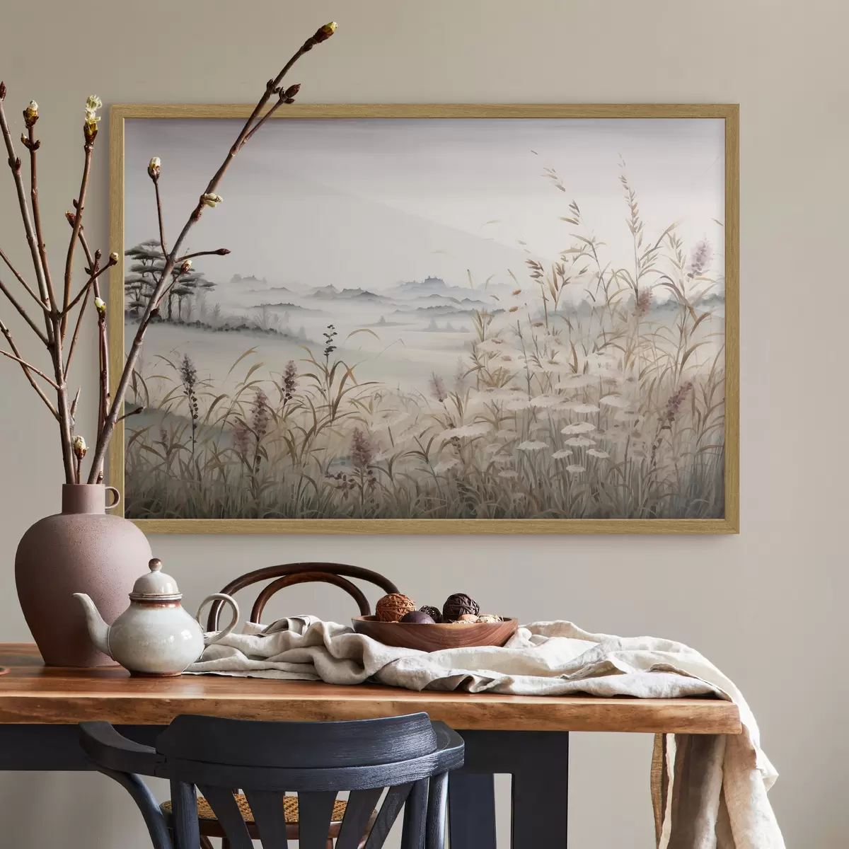 Poster Paysage brumeux avec des herbes f48481