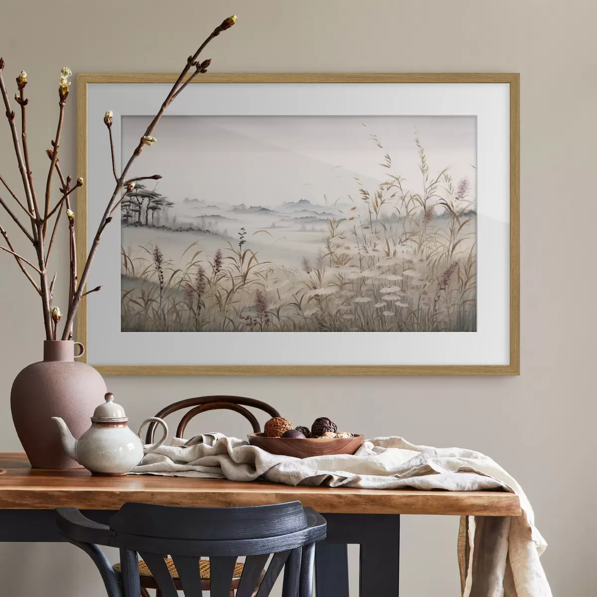 Poster Paysage brumeux avec des herbes f48481