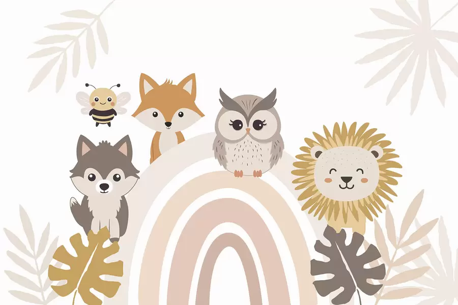 Papier peint De mignons animaux près de l'arc-en-ciel w05399