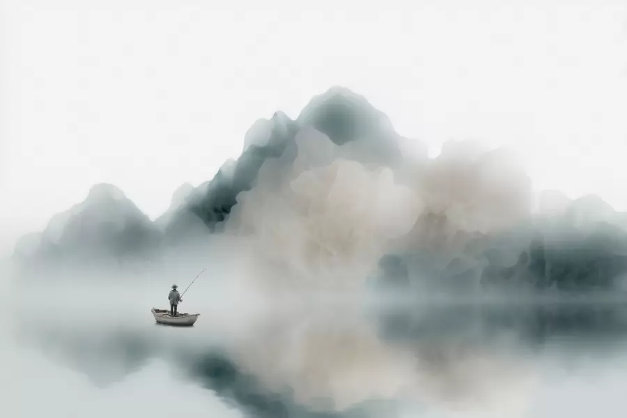 Papier peint Paysage de montagne avec un bateau et un pêcheur se fondant dans une brume légère w09678
