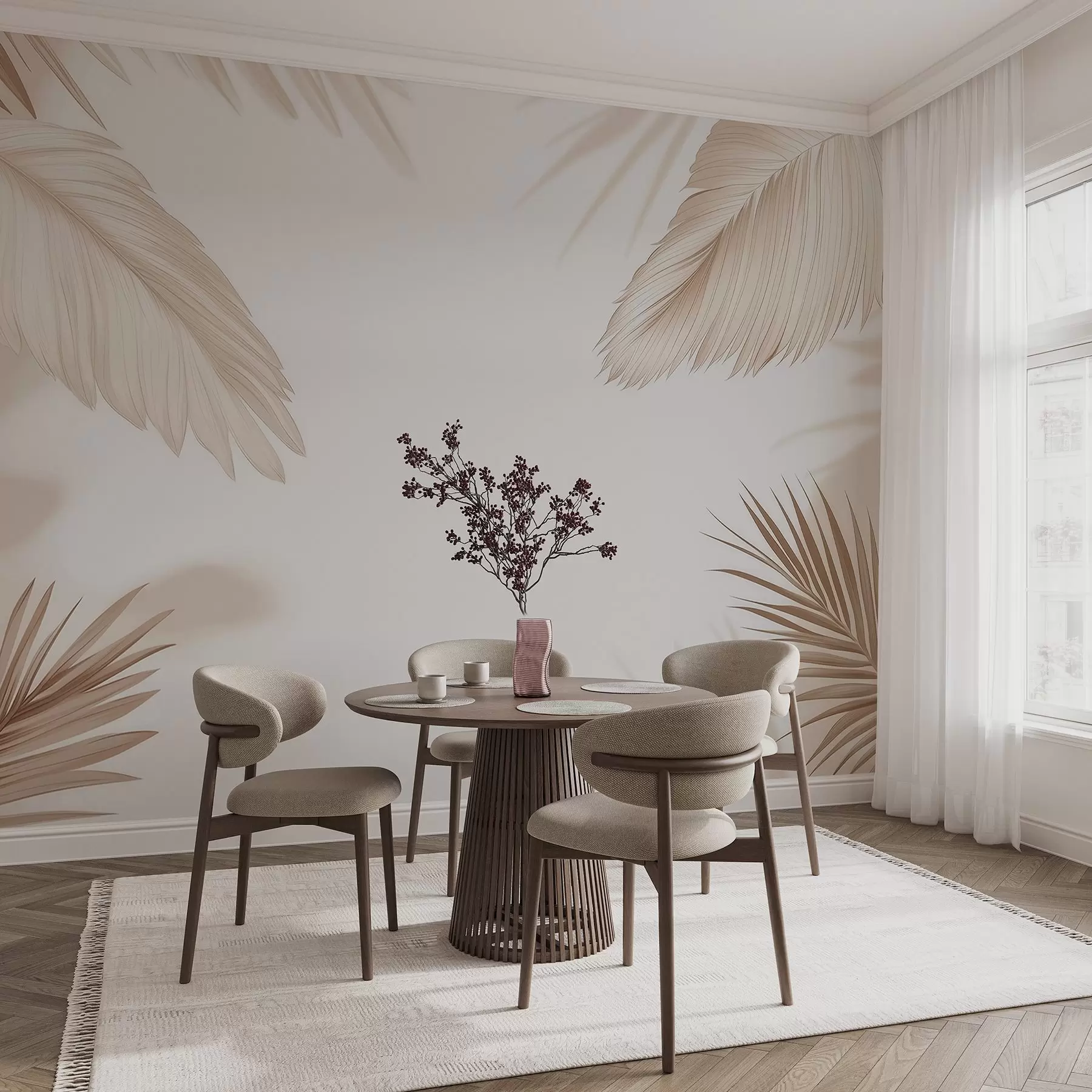 Papier peint Décor tropical dans les tons beiges, avec des silhouettes de feuilles de palmier et des ombres douces w09714