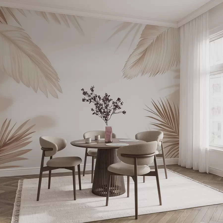 Papier peint Décor tropical dans les tons beiges, avec des silhouettes de feuilles de palmier et des ombres douces w09714