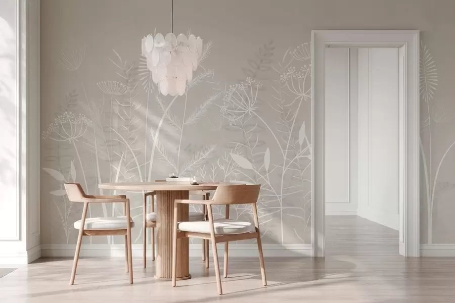 Papier peint des herbes sauvages et des fleurs délicatement peintes à la main sur un fond beige w05383v1