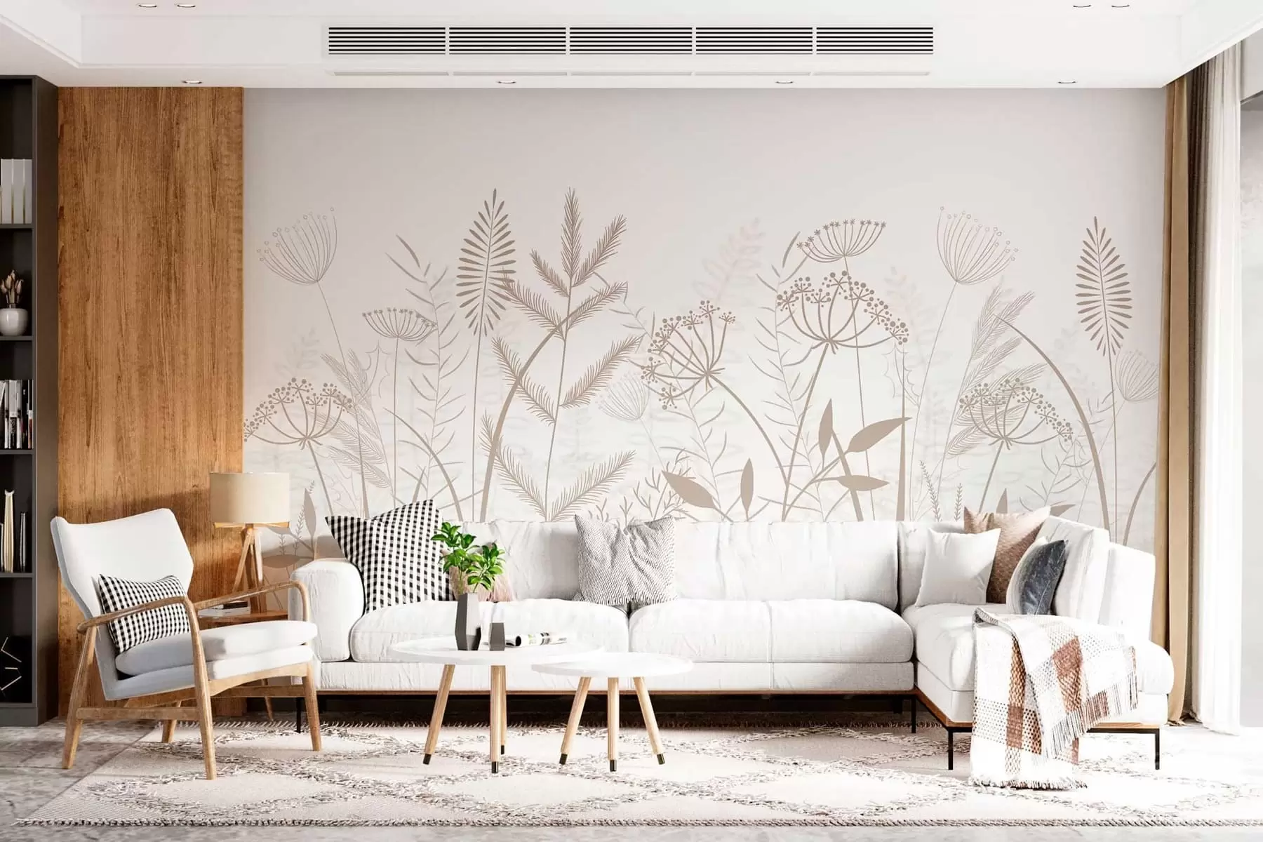Papier peint des herbes sauvages et des fleurs délicatement peintes à la main sur fond blanc w05383v2