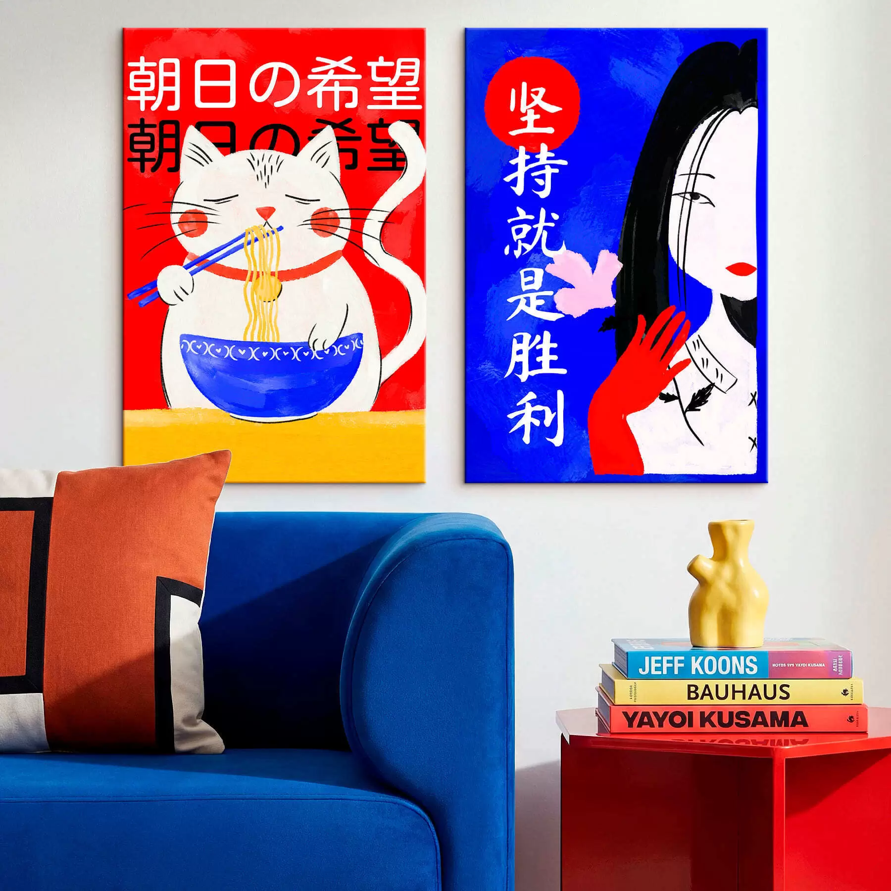 Tableau Diptyque représentant un chat et le portrait d'une femme dans un style audacieux m30233