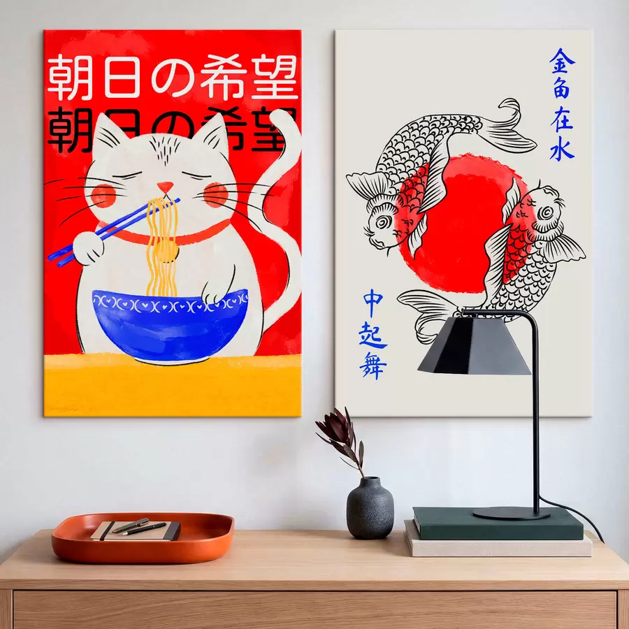 Tableau Diptyque représentant le portrait d'une femme et un poisson décoratif m30234