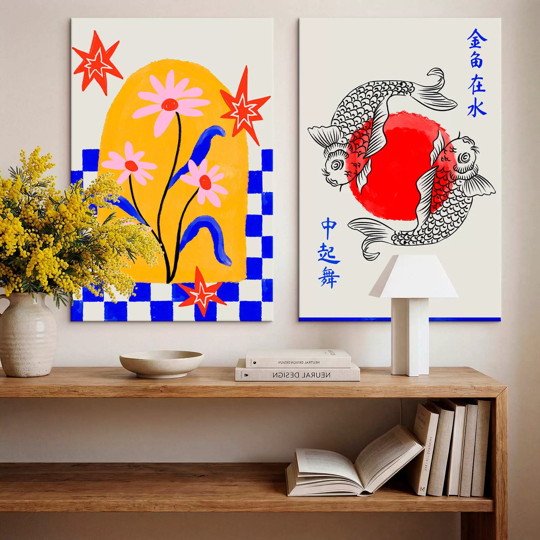 Tableau Diptyque représentant un chat et deux poissons dans des tons rouges et blancs m30235