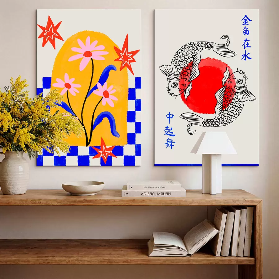 Tableau Diptyque représentant un chat et deux poissons dans des tons rouges et blancs m30235