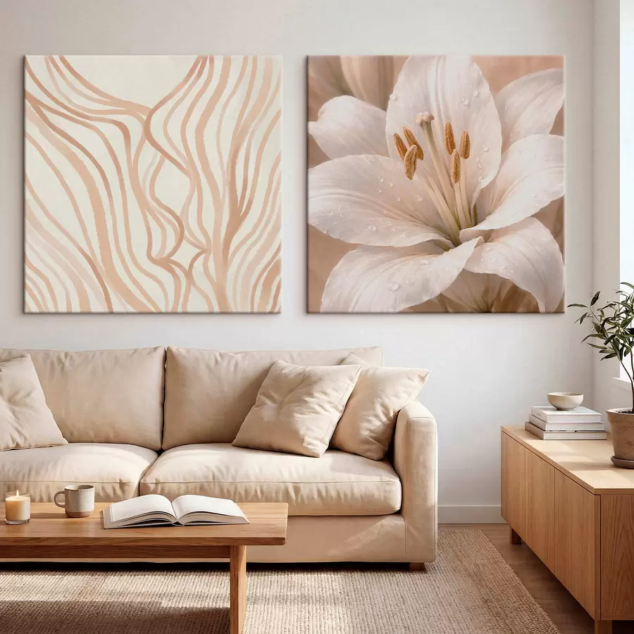 Tableau Diptyque représentant des fleurs et des formes abstraites m30236