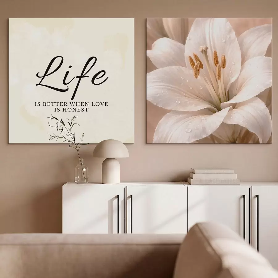 Tableau Diptyque avec le texte « Life » et un gros plan sur une fleur blanche m30237