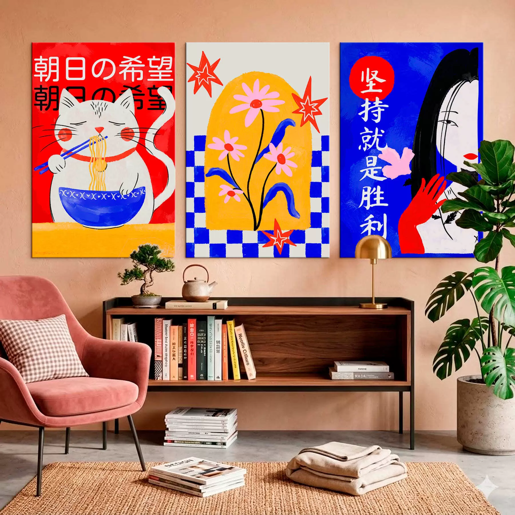 Tableau Triptyque représentant un chat, un poisson et le portrait d'une femme m30240