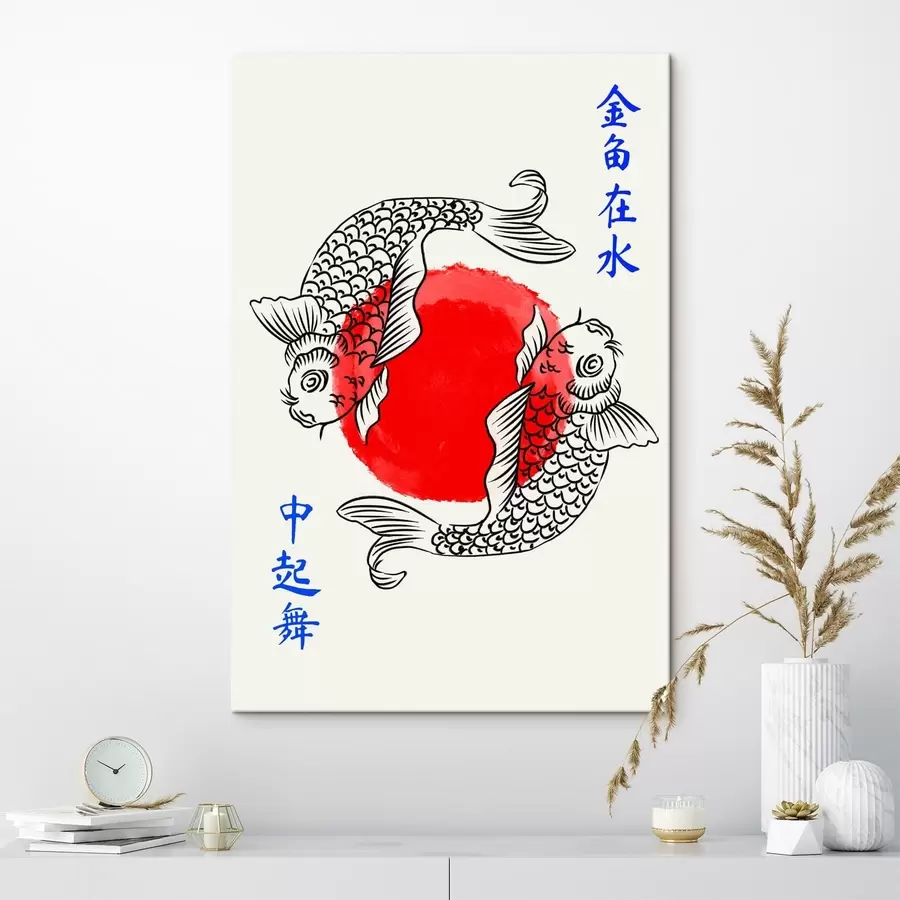 Tableau Deux poissons décoratifs autour d'un cercle rouge s48033