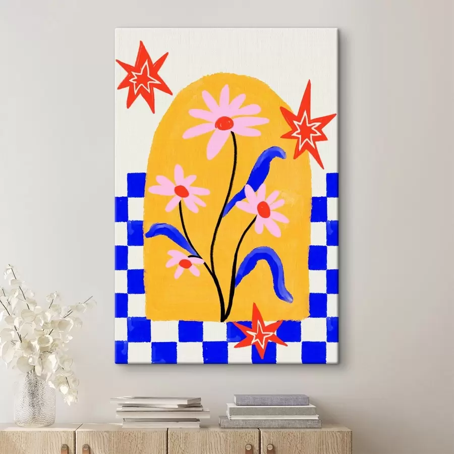 Tableau Fleurs aux couleurs vives sur fond jaune avec des motifs bleus s48034
