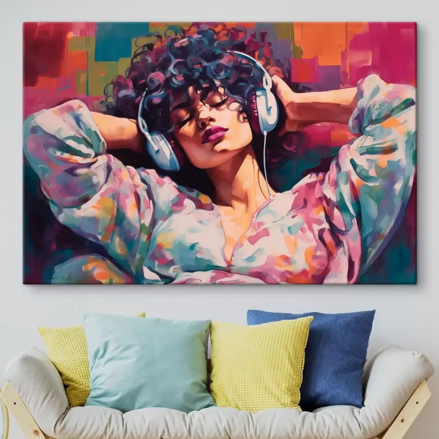 Tableau Femme avec des écouteurs, dans un style pictural coloré s48335
