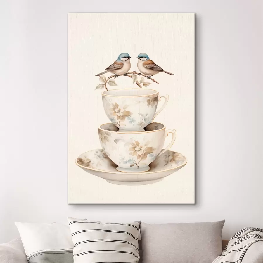Tableau Deux oiseaux sur une branche au-dessus de tasses à thé s48347