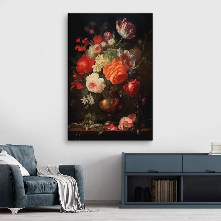 Tableau Bouquet de fleurs dans un vase sur fond sombre s48351