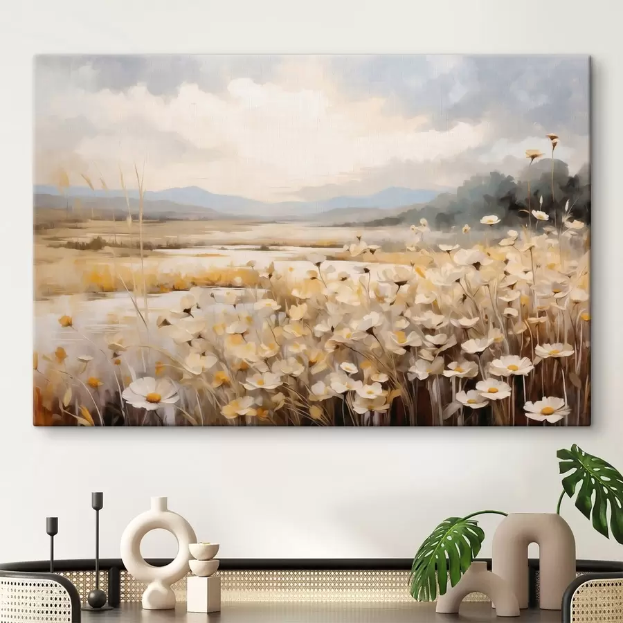 Tableau Fleurs des champs au bord de l'eau, dans un style pictural tout en douceur s48354