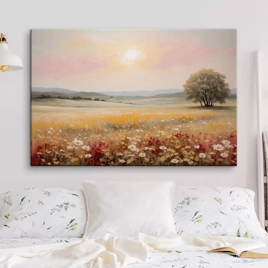 Tableau Paysage avec un champ de fleurs et un arbre à l'horizon s48355