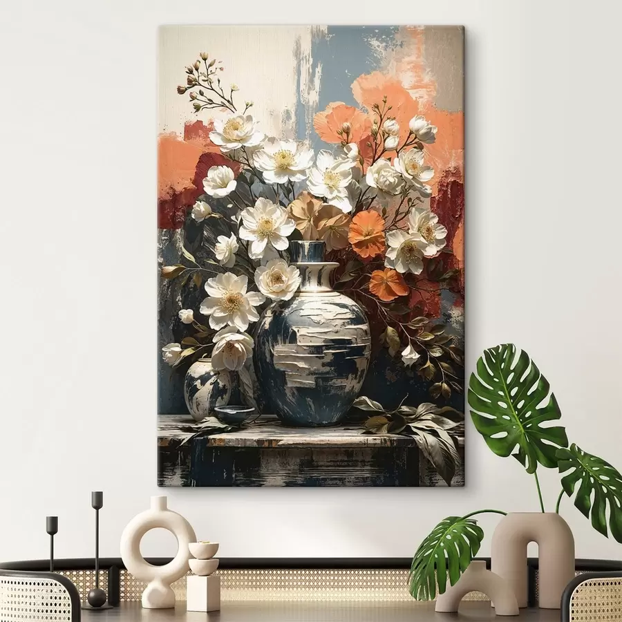 Tableau Des fleurs dans des vases devant un mur texturé s48360