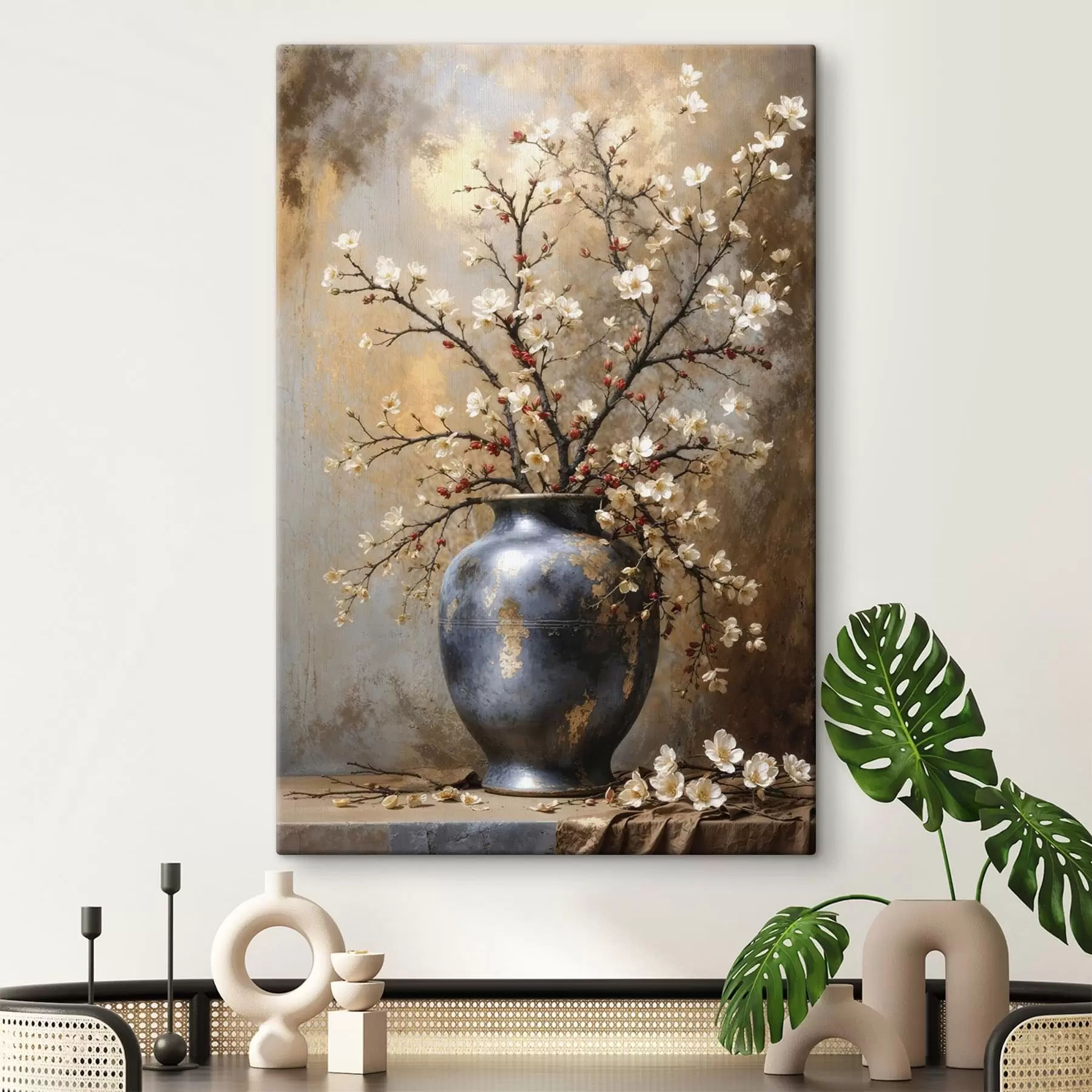 Papier peint Branches fleuries dans un vase sur fond neutre s48361